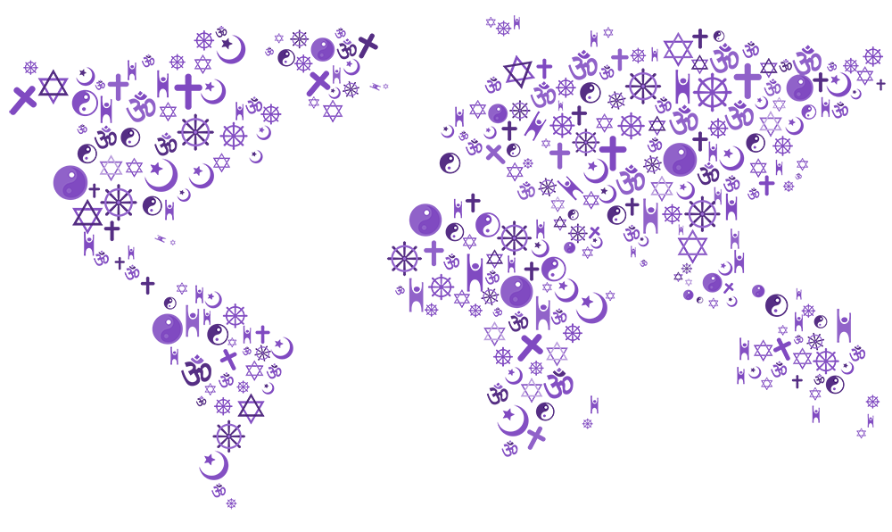 Map of the world made up of religious symbols, in purple
